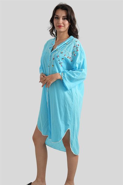 Miss Boheme Blue Embroidered Short Button Detailed Tunic Dress