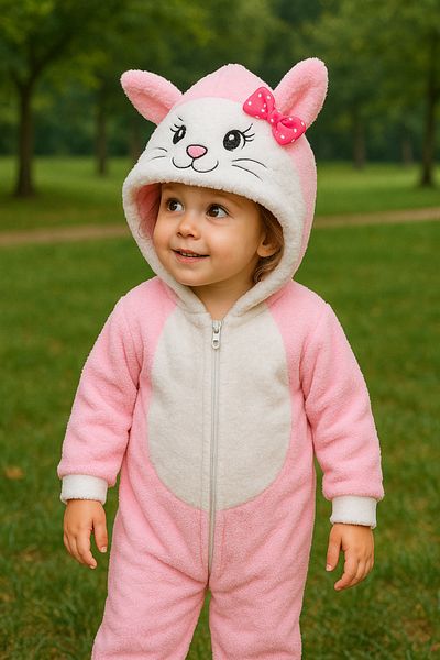 MiniStand Cute Cat Patterned Pink and White Hooded Plush Baby Jumpsuit