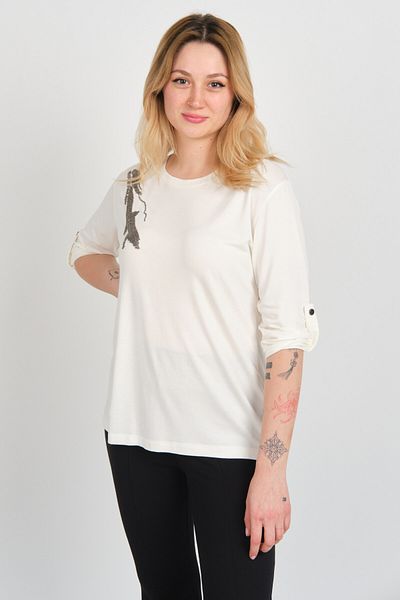Sistas Women's Three Quarter Sleeve Sequin and Embellishment Detailed Crew Neck Blouse 24004 Ecru