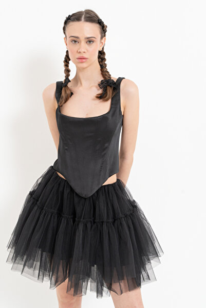 Kikiriki Чорний квадратний комір сатиновий бюстгальтер