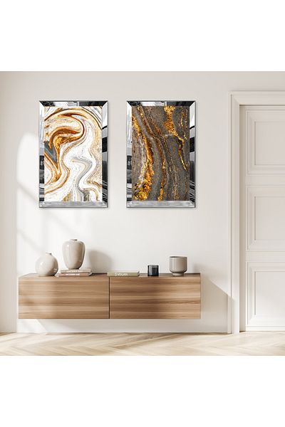 Zevahir Mobilya Dekorasyon SET DE MASA MDF DUBLA CU CADRU DE PLEXY CU Oglinda SILVER, GRIS, AUR SI ALB