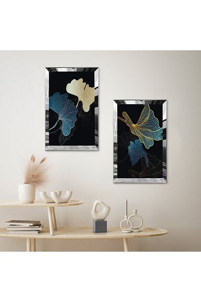 Zevahir Mobilya Dekorasyon SET DE MASA MDF DUAL FLORAL MODERN CU CADRU DE PLEXY CU Oglinda SILVER FOND NEGRU