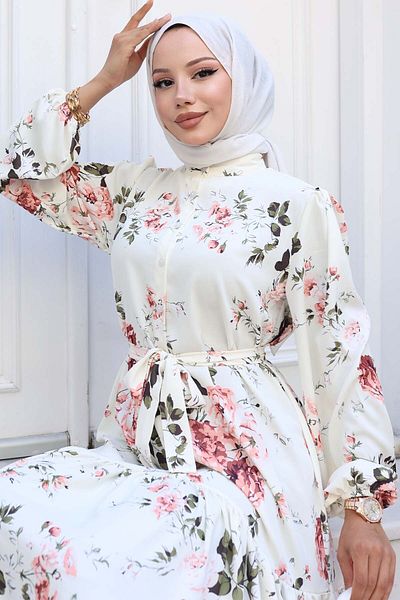 benguen Patterned Hijab Dress Ecru 517