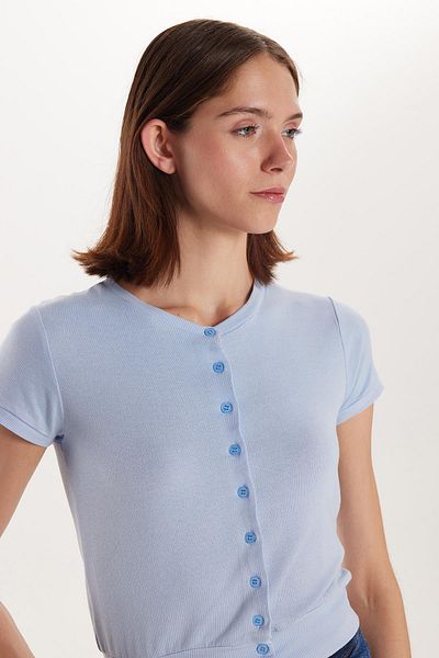 Tudors Women's Slim Fit Slim Fit Short Sleeve Crew Neck Buttoned Blue Cardigan
