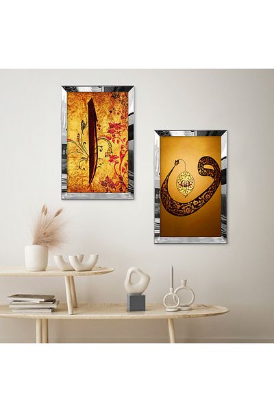 Zevahir Mobilya Dekorasyon SET DE MASA DECORATIVĂ BILATERALĂ MDF CU CADRU DE PLEXY CU OZNOR SILVER FOND PORTOCALIU SCRIBIURI ARABICE