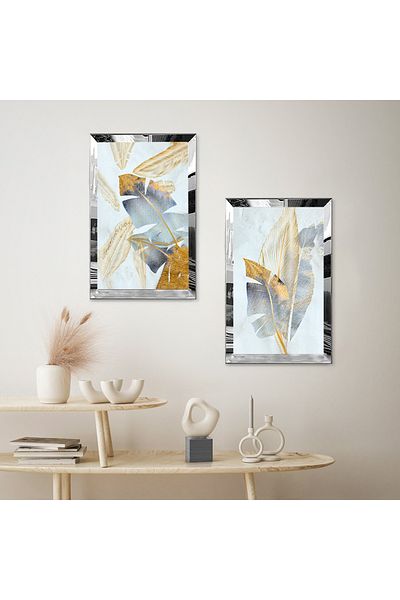 Zevahir Mobilya Dekorasyon SET DE MASA DECORATIVĂ DUALĂ MDF CU CADRU DE PLEXY CU OGLINDĂ ARGINTIE FOND ALBASTRU DESCHIS
