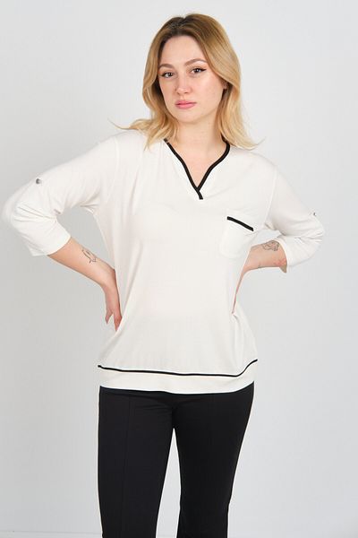 Sistas Women's Three Quarter Sleeve V Neck Single Pocket Blouse 4028 Ecru