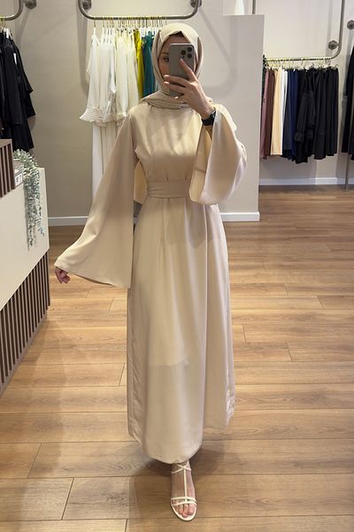 Birgül Bektaş Beige Sleeve Flounce Belted Dress