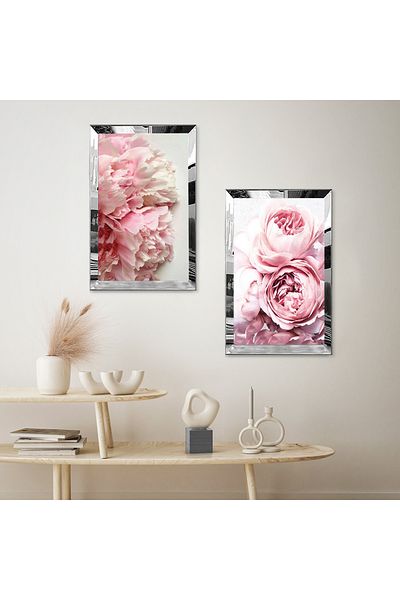 Zevahir Mobilya Dekorasyon SET DE MASA MDF DUBLA CU CADRU DE PLEXY CU OGLINDA SILVER ROSE ALBE ROSE SI FLORI