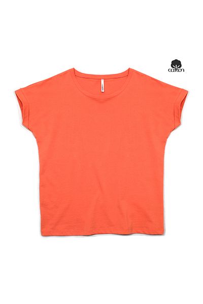 Cottonland Women's Benedita Folded Short Sleeve O Neck Combed Cotton T-Shirt Coral