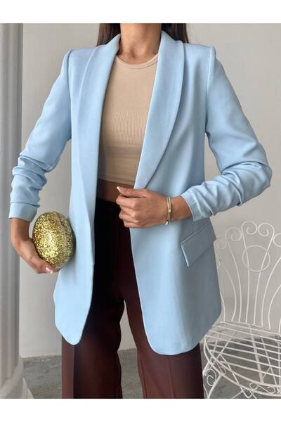 CinneMadonna Women's Baby Blue Gathered Blazer Jacket
