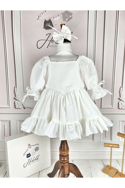 Hobidik Ecru Cream Ruffle Back Bow Linen Birthday Party Dress