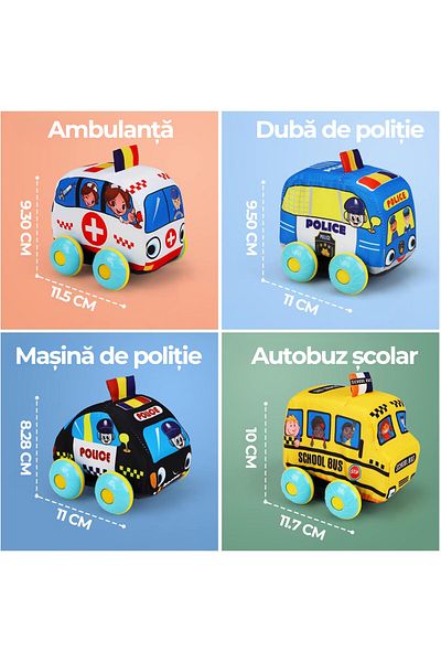 Pitikot Set de 4 Masinute din Plus Pitikot®, cu frictiune, jucarie cu Tema Politie