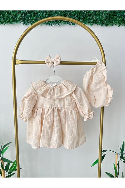 Hobidik Baby Girl Ruffle Collar Cream Scalloped Double Layer Muslin Dress