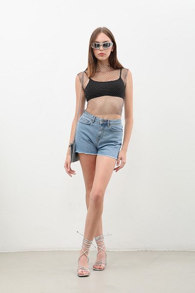 Bluewhite Pantaloni scurți de damă cu talie înaltă, albastru deschis, cu ciucuri