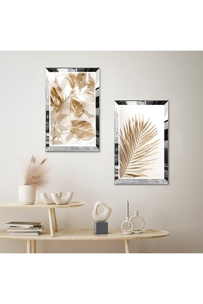 Zevahir Mobilya Dekorasyon SET DE MASA MDF MODERN BILATERAL CU FLORI DE AUR CU CADRU DE PLEXY CU Oglinda SILVER FOND ALB