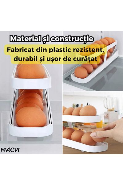 MACVI Suport organizator pentru oua Macvi®, 4 niveluri, rulare automata, 30 oua, 36x7x20 cm, alb