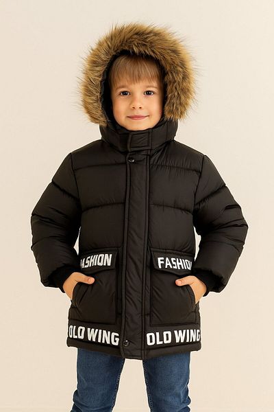 Jaju Baby Boy's Black Color Text Detailed Fleece Hooded Inflatable Jacket