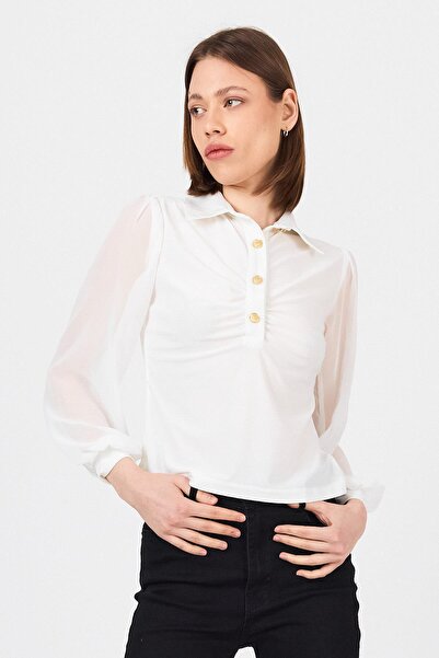 Rays Λευκό σιφόν μανίκι πουκάμισο γιακά μπλούζα 9478