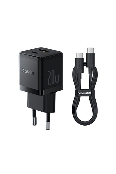 Baseus 2-Port Socket Charger, Type-C Cable Included, 2in1, USB, USB-C, 20W, 5V/3.0A, 1m, Palm 8213, Black