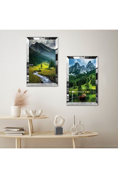 Zevahir Mobilya Dekorasyon SET DE TABLOR MDF DUAL PE ORIENȚĂ DE copaci abstracte din sat cu cadru din plexiglas cu oglindă argintie