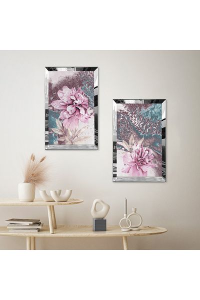 Zevahir Mobilya Dekorasyon SET DE MASA DECORATIVA BILATERALĂ MDF FLORI PURPLE CU CADRU DE PLEXY CU Oglindă SILVER