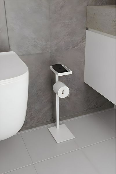 Grandmix Umeraș metalic pentru hârtie igienică cu raft pentru telefon Suport pentru role de toaletă minimalist, de sine stătător, economizor de spațiu pentru baie