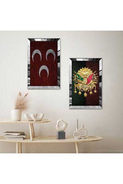 Zevahir Mobilya Dekorasyon SET DE MASA MDF DUBLA CU CADRU DE PLEXY CU OGLINDA SILVER, 3 SEMILUNA ROSE SI TUGRA OSMAN