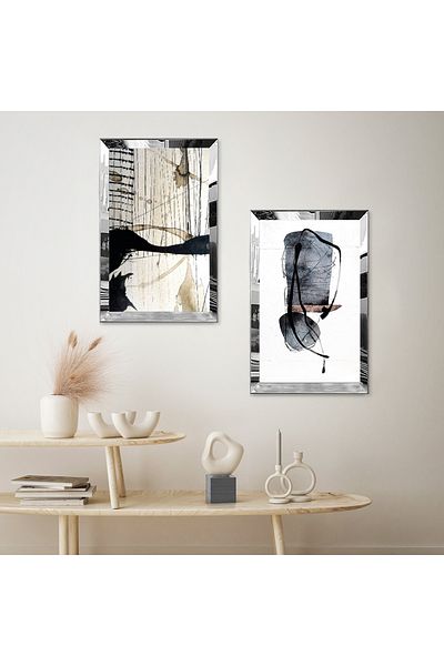 Zevahir Mobilya Dekorasyon SET DE TABLĂ MDF DUALĂ CU CADRU DE PLEXY CU OZAR SILVER, FOND ALB, FORME NEGRE ABSTRACTE