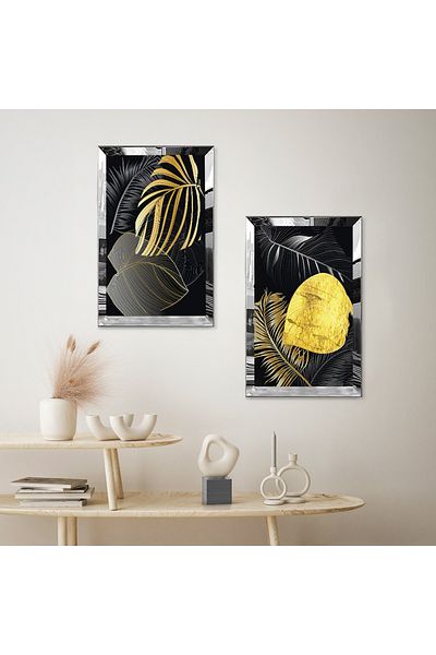 Zevahir Mobilya Dekorasyon SET DE TABLĂ MODERN MDF BINAR FLORE DE AUR CU CADRU DE PLEXY CU OZNĂ DE ARGINTI Fundal negru