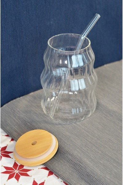 Bayev 2 Pieces 450 ml Auger Bamboo Lid Glass Pinterest Cup with Straw - Borosilicate Presentation Cup 401304