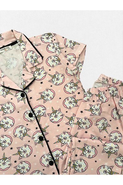 seamlife Girl's 100% Cotton Unicorn Patterned Pink Shirt Collar Buttoned Short Sleeve Seasonal Pajama Set