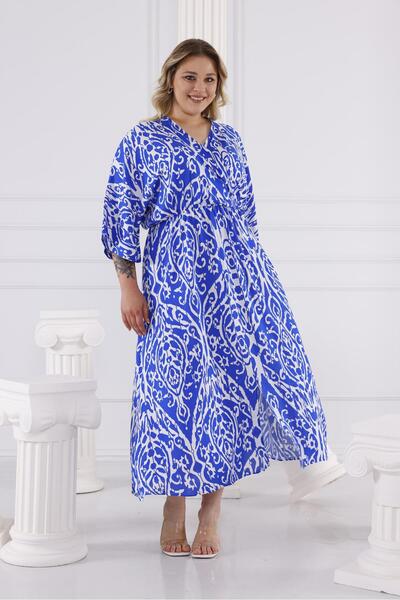 Siyezen Plus Size Double Breasted Collar Elastic Waist Dress