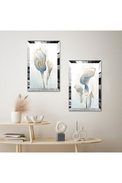 Zevahir Mobilya Dekorasyon SET DE PENTRU TABLĂ MDF DECORATIVĂ FLORELE ABSTRACTE ALBASTRE CU CADRU DE PLEXY CU Oglindă SILVER