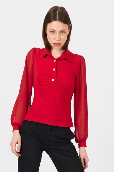 Rays Κόκκινο σιφόν μανίκι πουκάμισο γιακά μπλούζα 9478