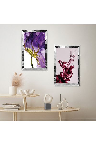 Zevahir Mobilya Dekorasyon SET DE MASA DECORATIVĂ DUBĂ MDF ROȘU VIOLET CU CADRU DE PLEXY CU OGLINDĂ DE ARGINT