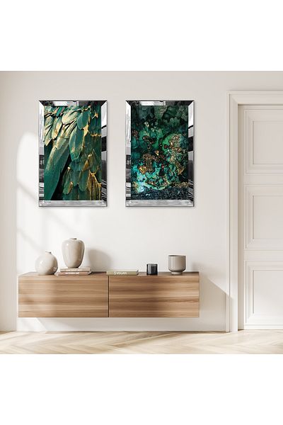 Zevahir Mobilya Dekorasyon SET DE MASA MDF DUBLA CU FRUNZE MODERNE VERDE CU CADRU DE PLEXY CU Oglinda SILVER