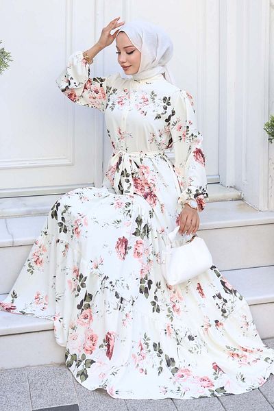 benguen Patterned Hijab Dress Ecru 517