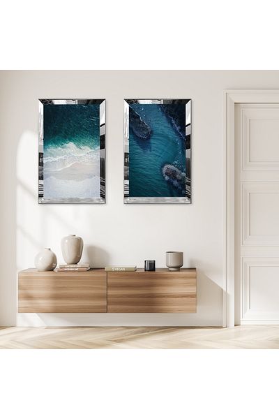 Zevahir Mobilya Dekorasyon SET DE MASA MDF DUBLA MODERN PEISAJ MARIT IMBINAT CU CADRU DE PLEXY CU OGLINDA SILVER