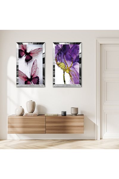 Zevahir Mobilya Dekorasyon SET DE MASA DECORATIVĂ BILATERALĂ MDF BUTTERFLIES ROȘII CU CADRU DE PLEXY CU OGLINDĂ DE ARGINT