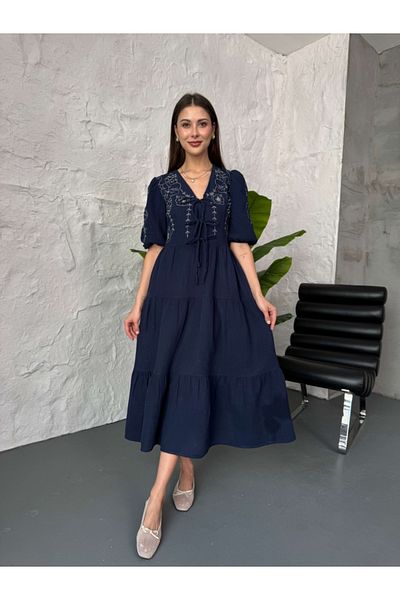 Elif Özbey Butik Navy Blue Front Tie Embroidered Muslin Dress