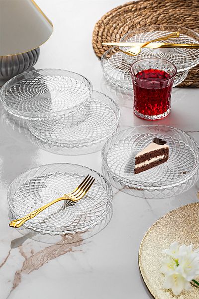 Porsima Venice Cake Plate Upright Plate - 6-Piece Glass Presentation Plate Cake Cookie Cake Catering Serving Plate-16 cm