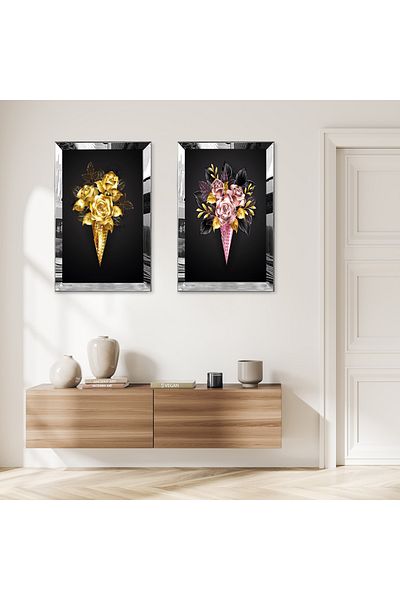 Zevahir Mobilya Dekorasyon BUCHET DE TRANDAFIRI AURII SI ROZI CU CADRU DE PLEXY CU Oglinda SILVER FOND NEGRU SET DE MASA MDF BINAR