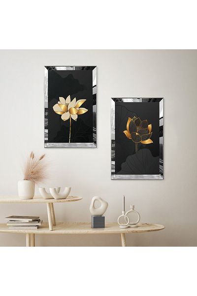 Zevahir Mobilya Dekorasyon SET DE MASA MODERN BILATERAL MDF CU CADRU PLEXY CU Oglinda SILVER FOND NEGRU FLORI AURII