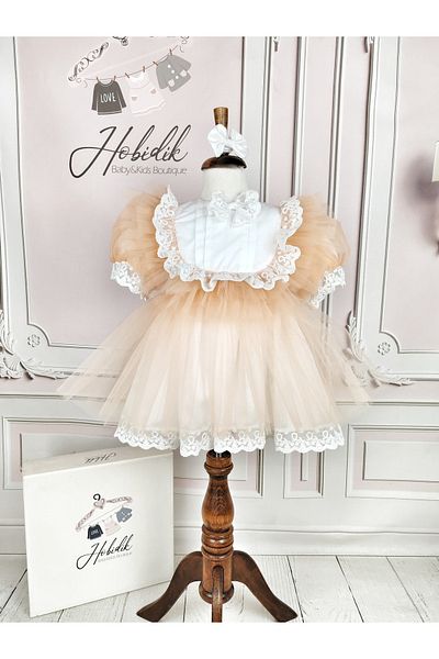 Hobidik Baby Girl Kids White Lace Embellished Salmon Tulle Puffy Birthday Dress