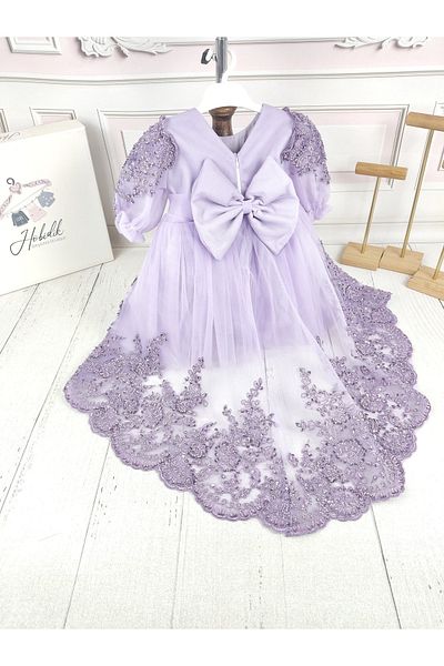 Hobidik Lilac Girl's Lace Embroidered Sweep Train Evening Dress - Special Day Birthday