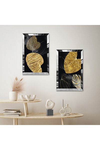 Zevahir Mobilya Dekorasyon SET DE PENTRU TABLĂ MDF DUALĂ DE FLORE DE AUR DECORATIV DE ABSTRACT CU CADRU DE PLEXY CU OZNĂ DE ARGINTI Fundal negru