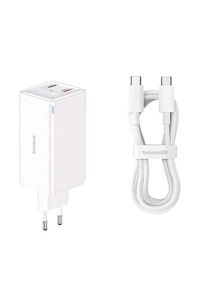 Baseus 4-Port Wall Charger, Type-C Cable, 2x USB, 2x Type-C, 100W, 100W, 20V, 5A, 1m, GaN6 Pro, White
