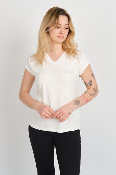 Sistas Women's V-Neck Shoulder and Back Tulle Detailed Short Sleeve Blouse 4148 Ecru