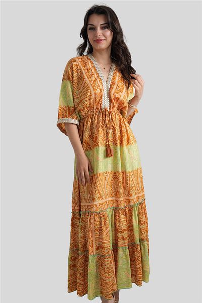 Miss Boheme Yellow Front Back V Neck Sequin Detailed Silk Dress